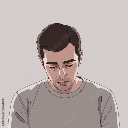 Illustration of pensive man with neutral background. Pensive man with downcast eyes and dark hair conveys introspection, thoughtful moment, creating sense of contemplation and quiet reflection.