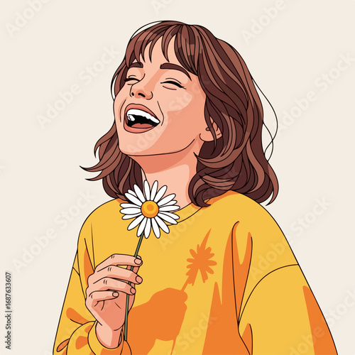 Cheerful woman laughing holding daisy flower smiling widely, expressing pure joy. Daisy flower and joyful expression create a heartwarming scene. Woman's pure joy radiates,