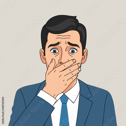 Man with hand over mouth in fear and anxiety, depicting a portrait of worry. Portrait with an emotional man covering mouth.