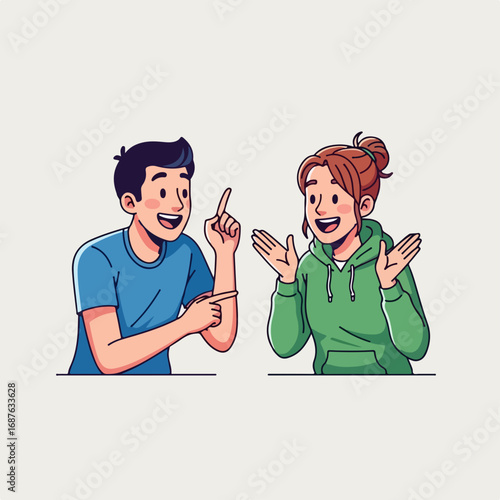 Cheerful discussion with smiling man and woman talking each other in bright indoor scene. Cheerful discussion between friends indoors, expressing joy and animation with expressive hand gestures.