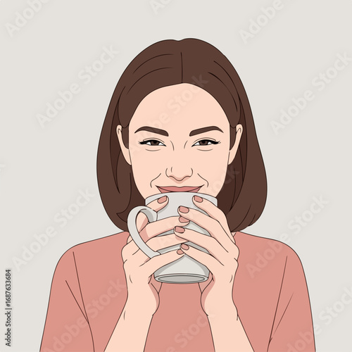 Smiling woman holding coffee mug, portrait of person enjoying aromatic beverage in a cozy moment. Woman holding coffee mug with both hands, relishing warmth and comforting scent.