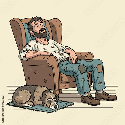 Cartoon character man sleeping comfortably in armchair with dog on rug, illustrating a poverty concept. Homeless person having a nap, showing challenges of poverty with ragged clothes.