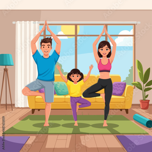 Family yoga at home in relaxing atmosphere, showing three people practicing yoga, a harmonious family activity. Yoga poses with parents and daughter,