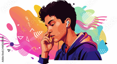 Boy listening to music with wireless headphones and vibrant colorful background. Expressive portrait of boy immersed in his playlist, enjoying sounds with earphones.
