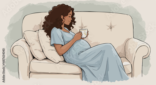 Expectant mother is taking a break on sofa while drinking tea, she is holding cup. Expectant mother is relaxing and enjoying warm drink, she is waiting for baby's arrival and showing love.