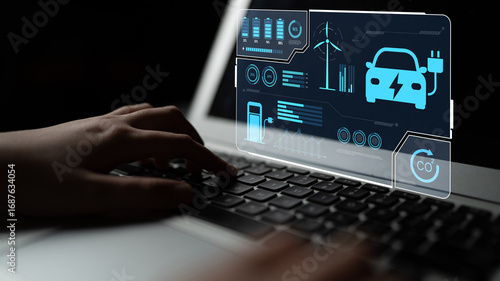 Fotografie Charging dashboard for electric vehicles with battery status, energy usage, rene