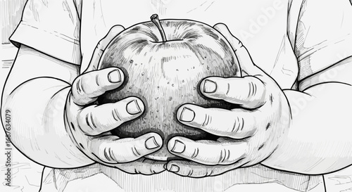 Child holding fruit, specifically, a large apple, with both hands in an expressive, artistic illustration. Child holding fruit demonstrates concept of nurturing innocence, growth and health,