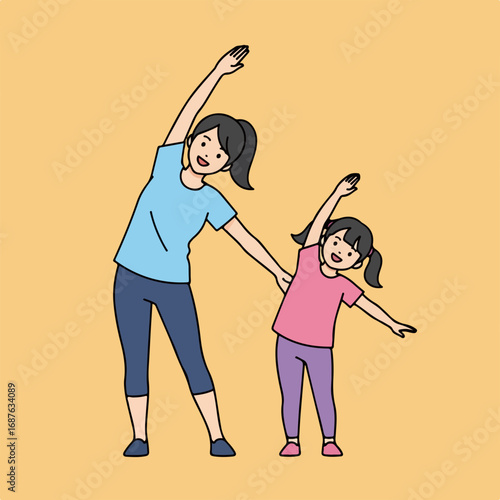 Woman and child stretching doing family fitness exercises together at home. Family fitness activity with mother and daughter engaging in active lifestyle and healthy habit.