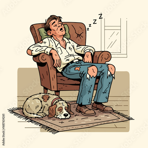 Tired man sleeping soundly in an armchair with dog at his feet. This tired man sleeping in chair looks extremely worn-out, surrounded by poverty and despair, showing visible signs of fatigue,