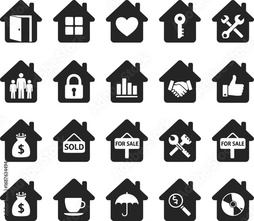 Collection of silhouette icons representing various aspects of home and real estate