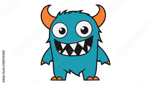cute cartoon illustration of a monster with a smile and orange horns