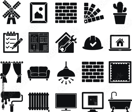 Collection of black and white icons representing home renovation and interior design elements