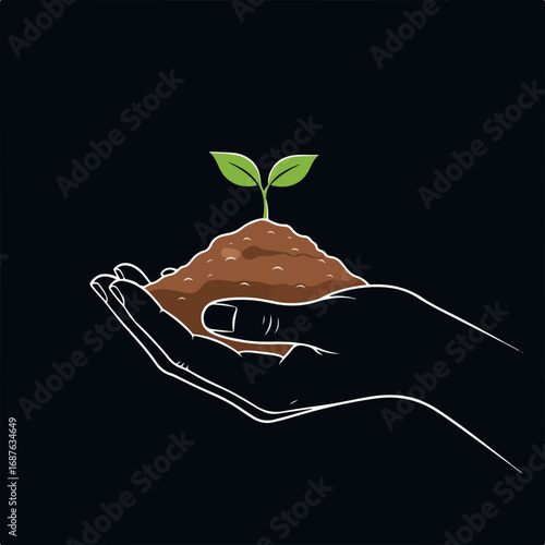 Hand holding plant seedling in soil against solid dark background. Nurturing new growth shown by human hand, caring for plant seedling and earth in general.