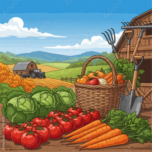 Fresh produce display with vibrant tomatoes, crisp cabbage, and bright carrots in rustic farm setting. Fresh produce fills woven basket with autumnal harvest colors as it sits near barn tools,