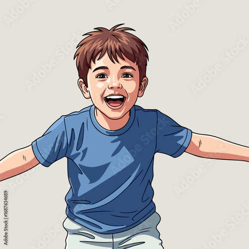 Boy illustration with happy child, joyfully smiling with open arms, rendered in a cheerful artistic style. This boy illustration is perfect for children's books, educational material,