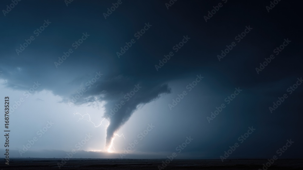 Obraz premium Dark storm clouds swirl dramatically as lightning strikes tornad