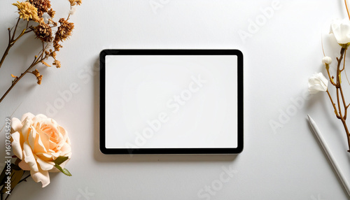Blank tablet screen surrounded by flowers and stylus on white surface