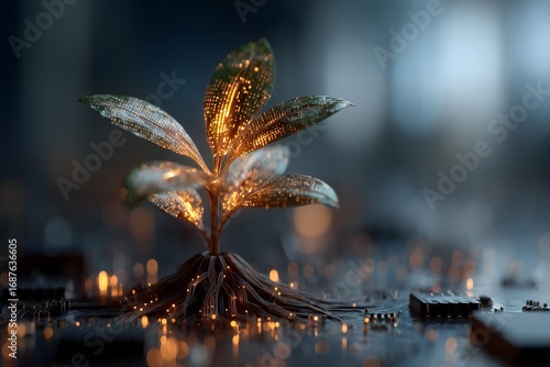 Digital plant growing from circuit board symbolizing data growth