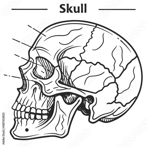 Anatomical Line Drawing of a Human Skull in Profile with Labels and Lines Indicating Features anatomy