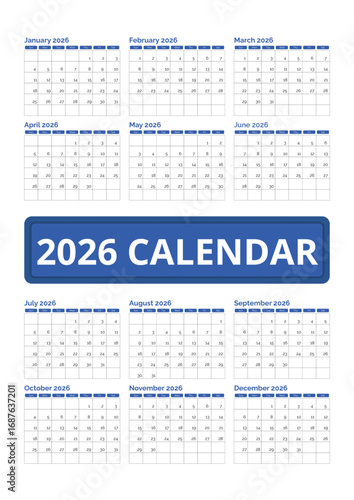 2026 calendar yearly planner and date organizer template with highlighted blue accents