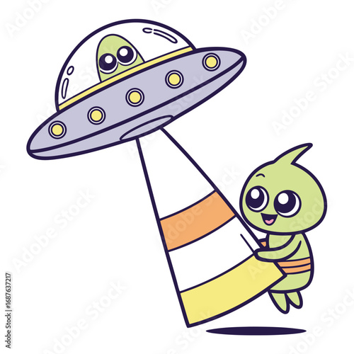 Cartoon Alien Being Abducted by a Flying Saucer with a Light Beam abduction extraterrestrial