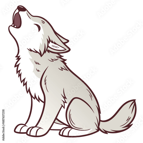 Cartoon Gray Wolf Sitting and Howling with Mouth Open on a White Background animal