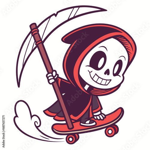 Cartoon grim reaper skeleton riding a skateboard with a scythe on a white background character cute