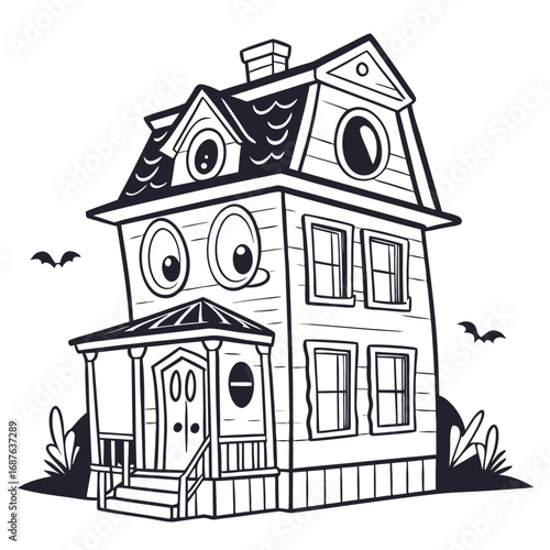 Cartoon Haunted House with Googly Eyes and Bats spooky scary