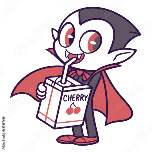 Cute cartoon vampire boy drinking cherry juice from a carton with a straw on a white background illustration