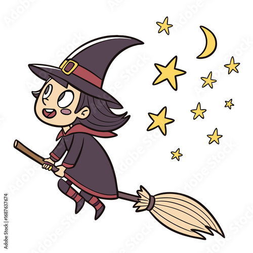 Cute Cartoon Witch Flying on a Broomstick with Stars and Moon on White Background magic