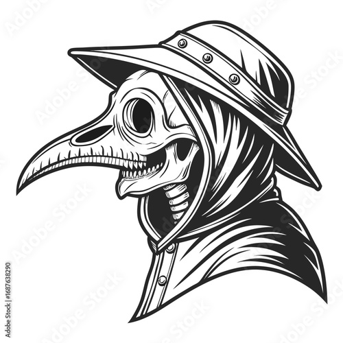 Plague Doctor Skull With Beaked Mask And Hat In Profile vector illustration