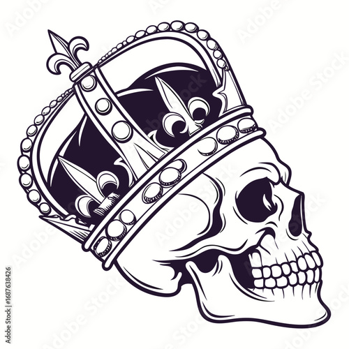 Skull wearing a royal crown illustration on white background king queen