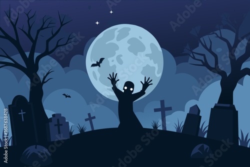 Spooky halloween graveyard scene with a zombie rising under a full moon
