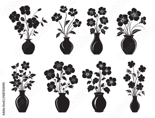 Set of flowers in a vase silhouette vector on white background. Floral Arrangement Silhouette Icons.