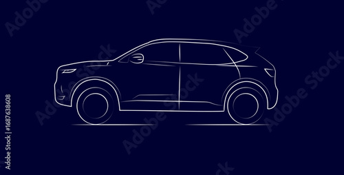 SUV silhouette on the road, white lines on a blue background. Illustration, vector
