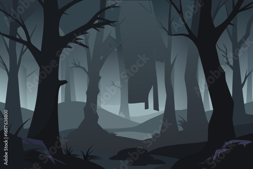 Misty forest landscape with silhouetted trees and foggy atmosphere