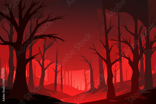 Eerie red forest landscape with silhouetted trees