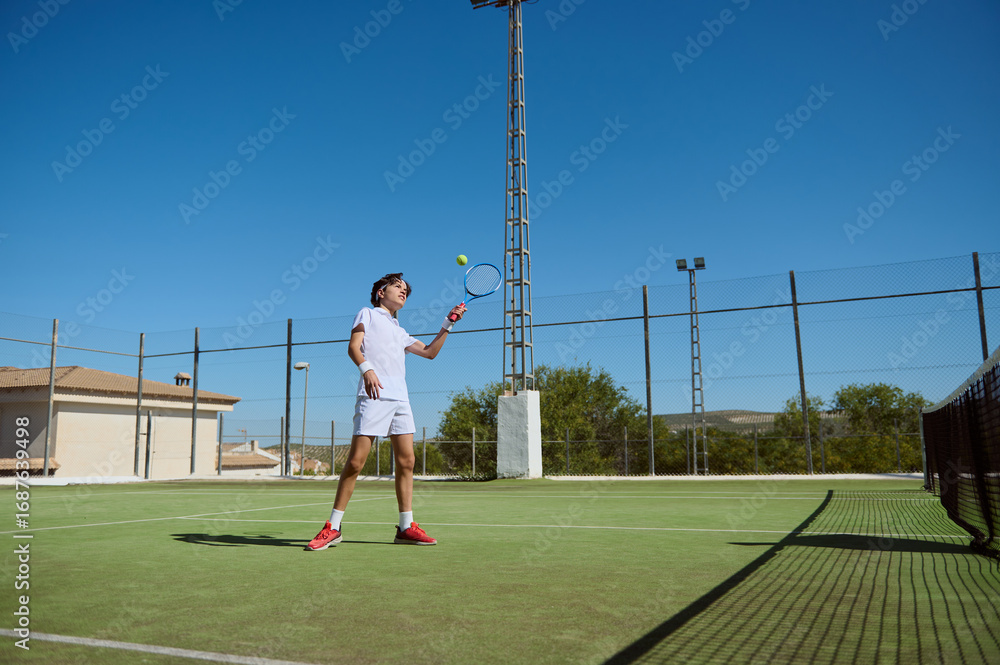 Obraz premium Young Athlete Practicing Tennis on Outdoor Court Under Clear Sunny Skies