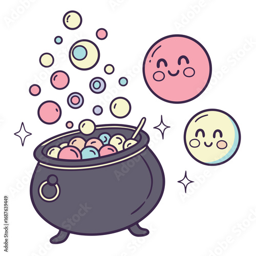 Whimsical bubbling cauldron with cute smiling faces and sparkling stars on a white background potion