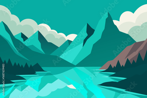 Serene mountain lake reflection in teal and turquoise