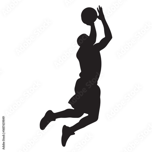 Silhouette of a basketball player jumping to shoot a ball on a white background Keywords: basketball, player