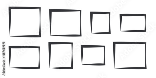 A grid empty black photo frames creatively arranged on a white wall, ready for artistic or photographic display. Empty photo frame for mockup. 3D rendering.