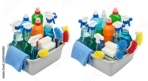 Colorful Household Cleaning Supplies Kit in Grey Caddy with Brushes and Sprays.