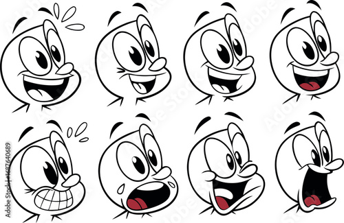 Collection of cartoon character faces expressing various emotions through line art transparent background