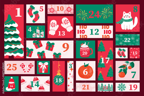 Christmas advent calendar. Countdown to Christmas. Cute holiday calendar, with cat, fir trees, tangerines, different New Year elements vector template.
