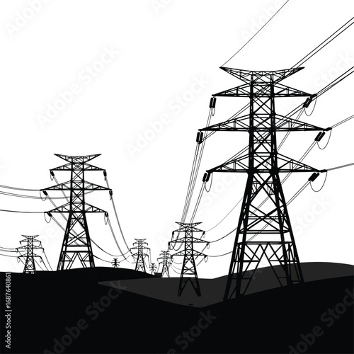 High Voltage Power Lines Vector – Silhouette of Electric Transmission Towers over Landscape