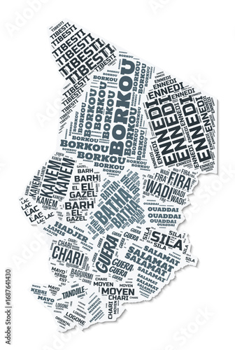 Chad shape text cloud. Country border with shadow on white background. Chad with regions division in vintage gazette style. Modern vector illustration.