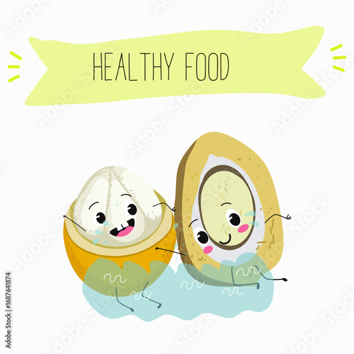Platonia insignis, bacuri, funny characters, hand drawn vector illustration.