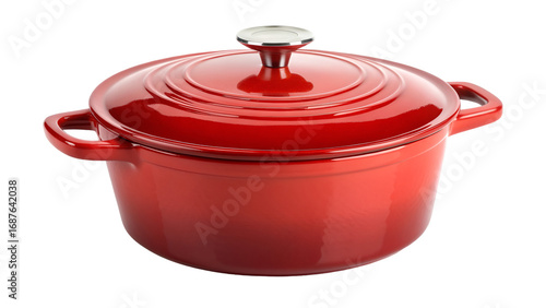 red pot with lid, Red cast iron enamel frying pan. Dutch oven, isolated on transparent background PNG