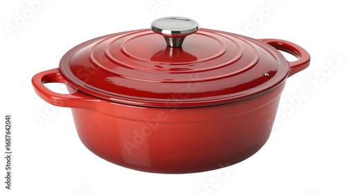 red pot with lid, Red cast iron enamel frying pan. Dutch oven, isolated on transparent background PNG
